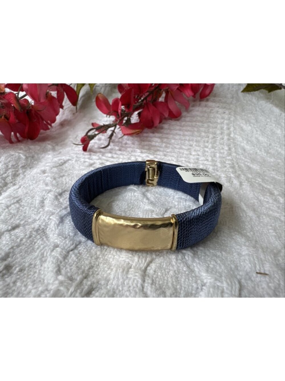 Chicos Women's Navy Blue Woven Bracelet Hammered Gold Tone Plate Stackable New